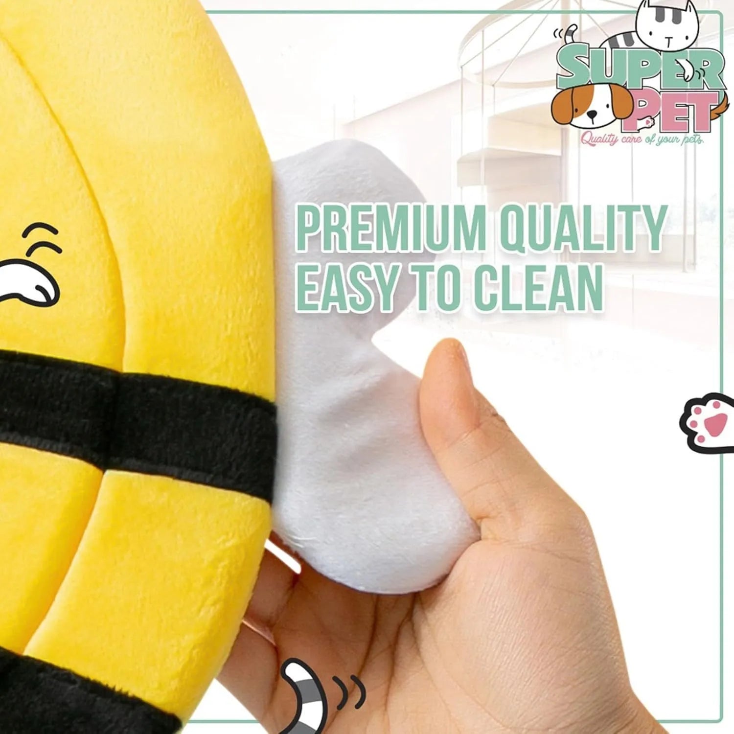 Soft cat cone collar with bee design showing adjustable velcro closure