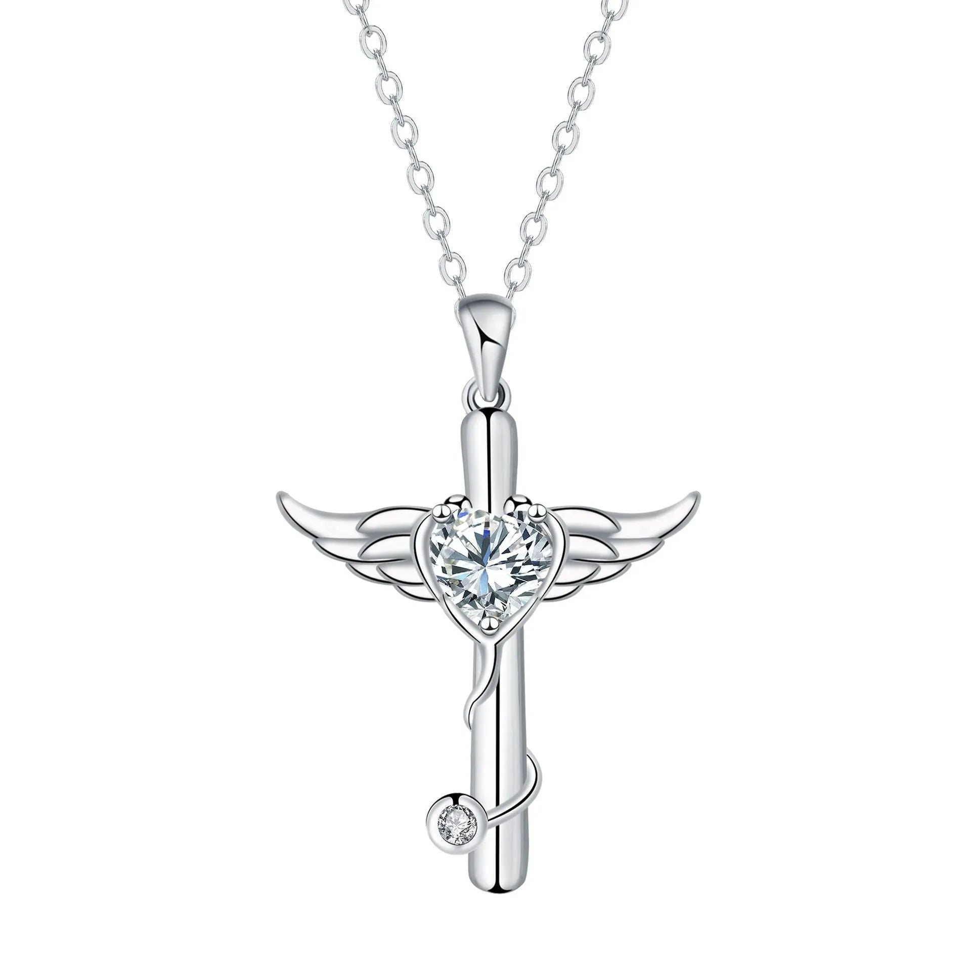 Copper cross stethoscope necklace with wings design in white diamond or red diamond colour