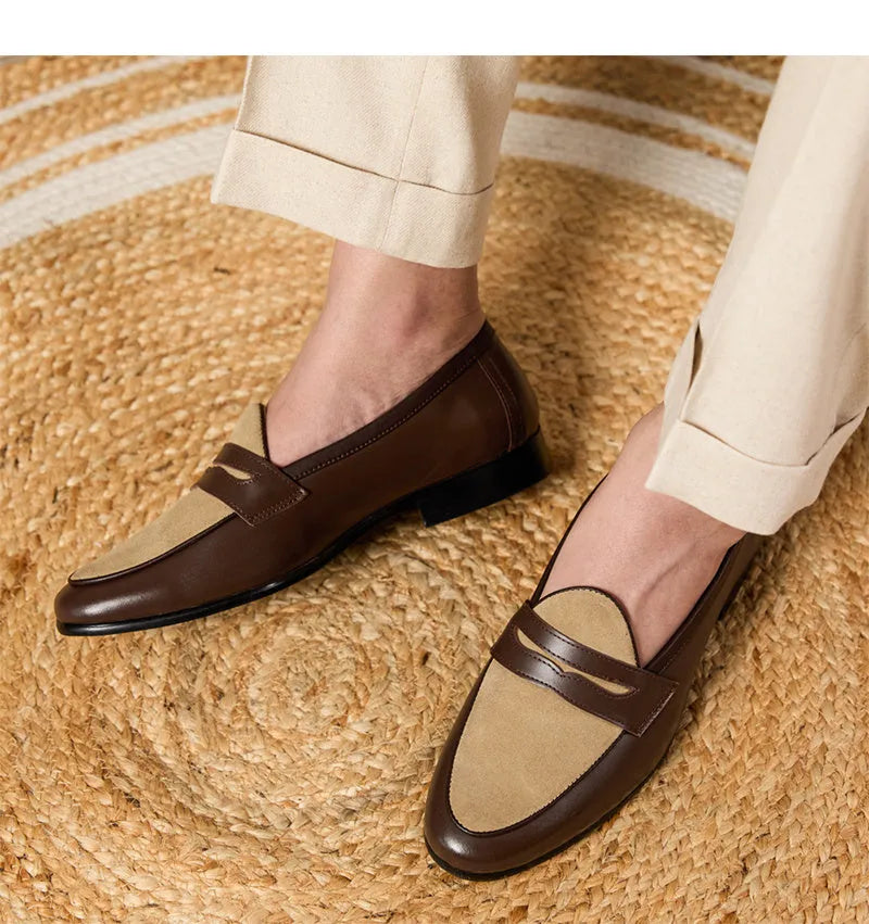 Coffee grey suede leather men's loafers with a slip-on kick closure and rubber sole.