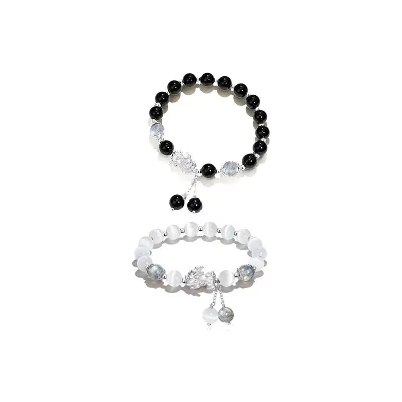Natural black agate couple bracelet with 10mm wave beads and money painting design in grey colours