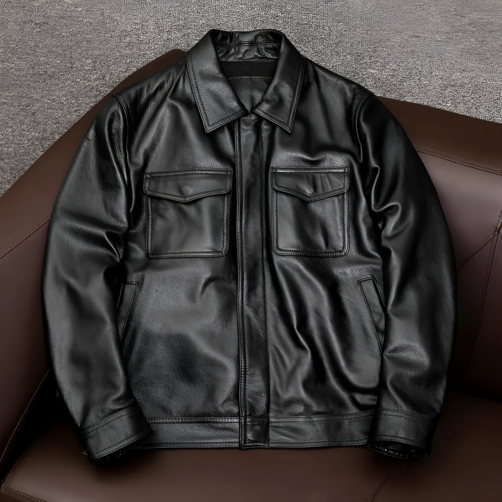 Men's black lapel short leather jacket with side pockets in loose fit design