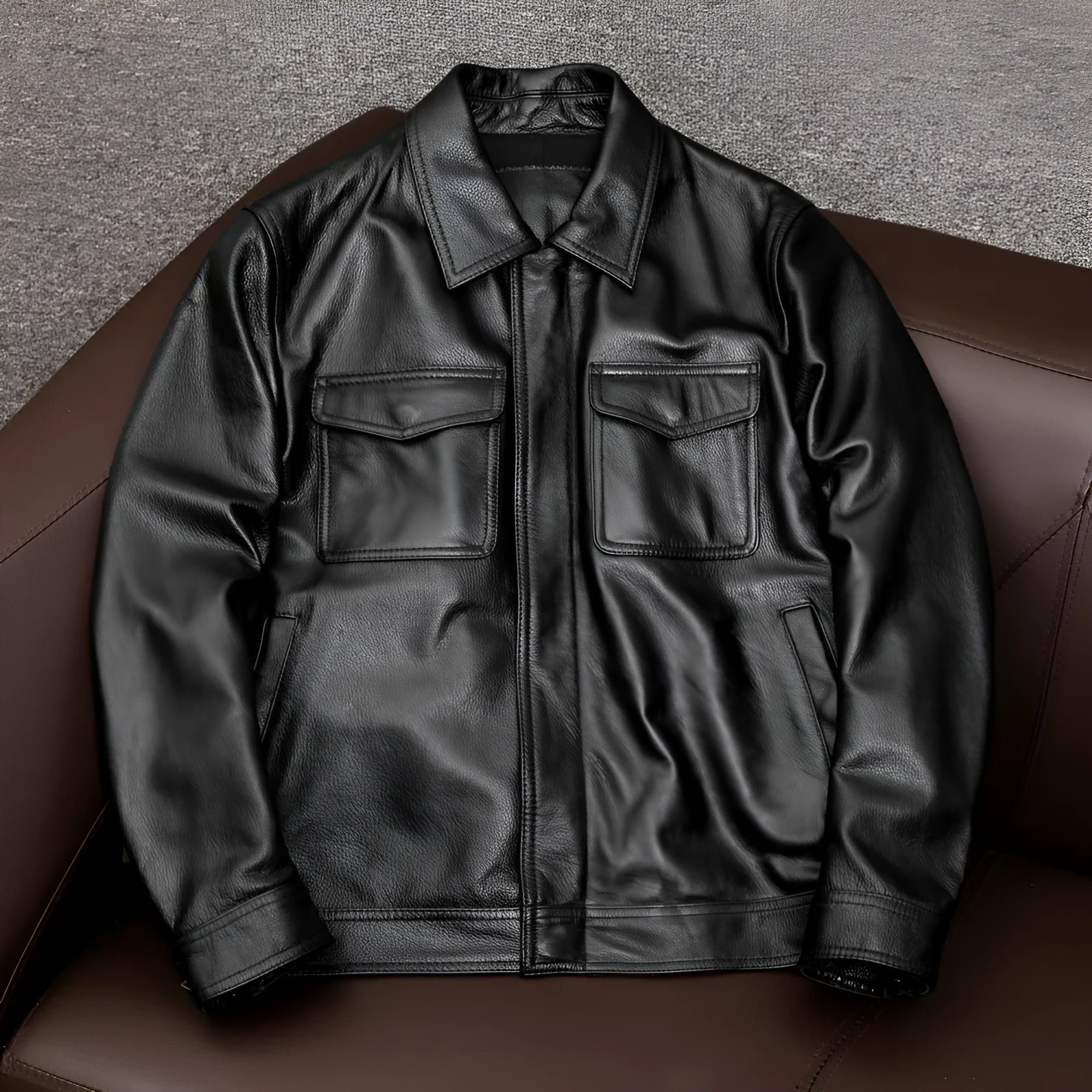 Men's black lapel short leather jacket with side pockets in loose fit design
