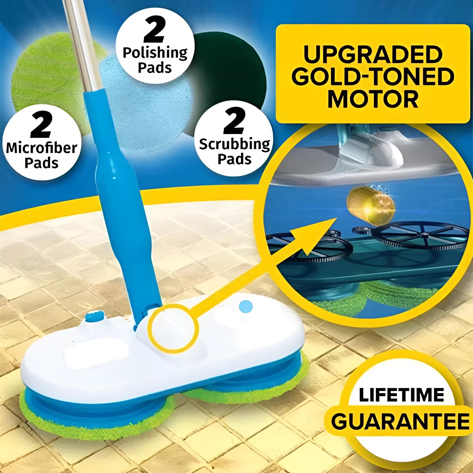 Wireless electric floor mop with USB charging port and assorted cleaning cloths