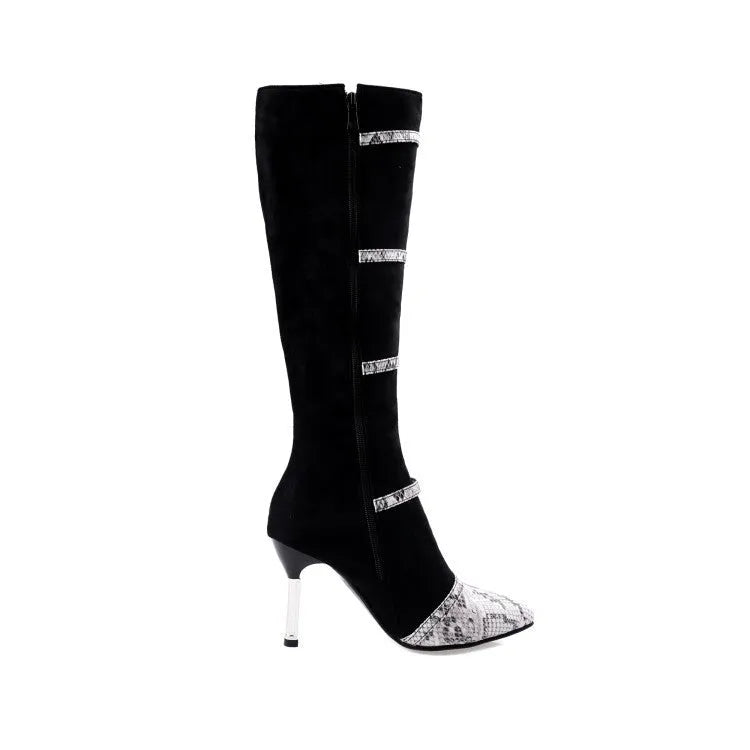 Grey knee-high women's boots with a thin 9cm high heel on a rubber sole.
