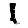 Grey knee-high women's boots with a thin 9cm high heel on a rubber sole.