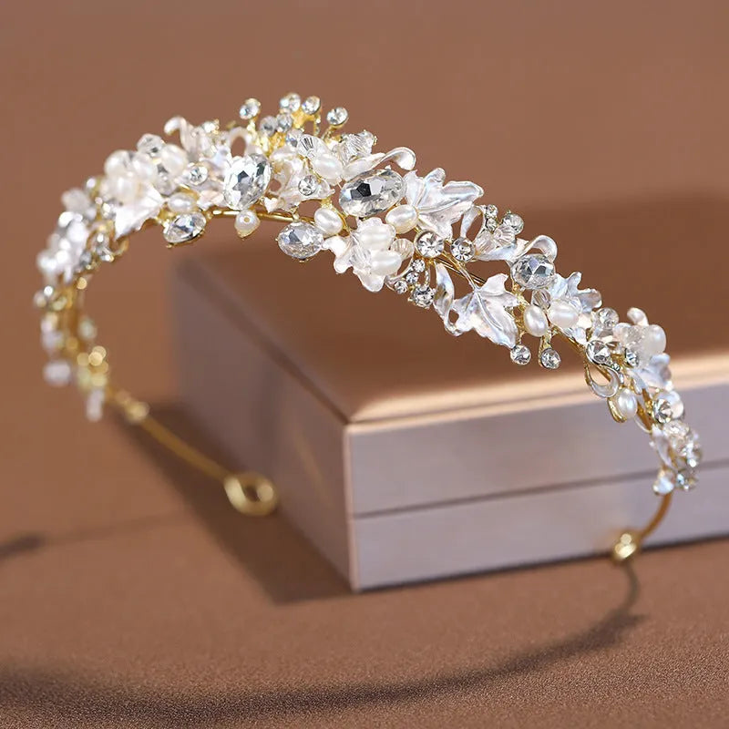 Women's pearl crown headdress hair accessory with electroplated alloy construction in gold or silver colour