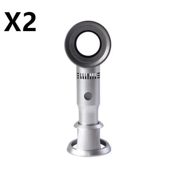 A portable bladeless desk fan with a modern design, shown on its base with a USB cable, available in multiple colours.