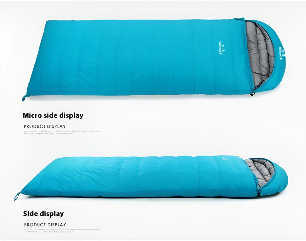 Black outdoor sleeping bag with white goose down fill and tear-resistant nylon fabric.