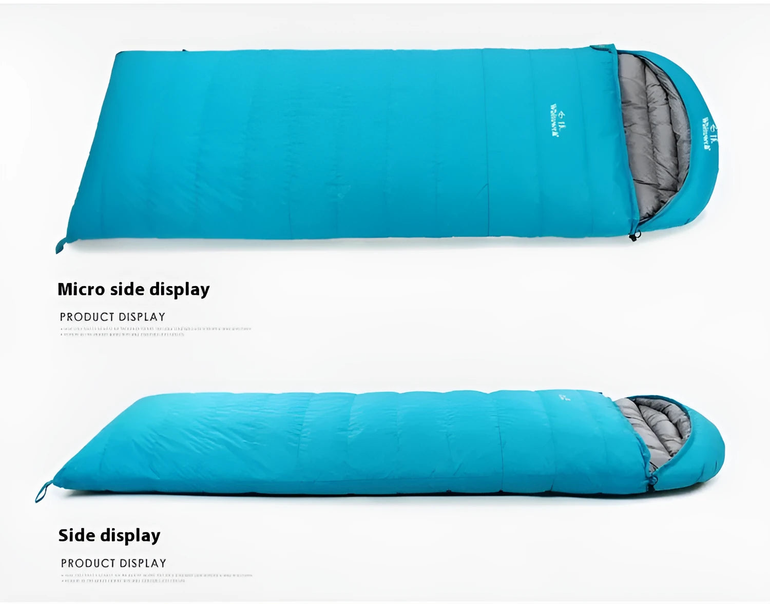 Black outdoor sleeping bag with white goose down fill and tear-resistant nylon fabric.