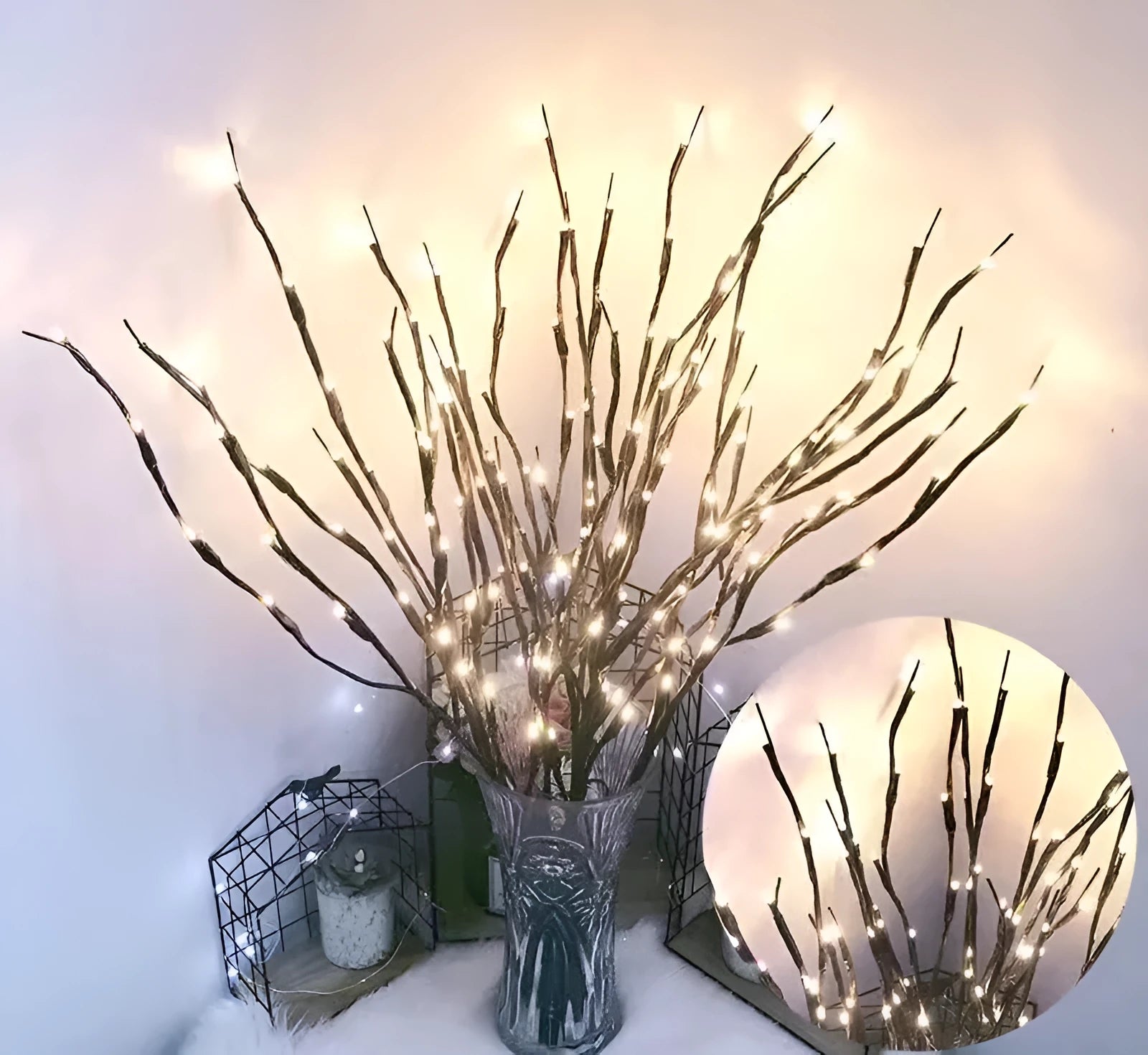 LED simulation branch light in vase with warm white and silver branches for room decoration