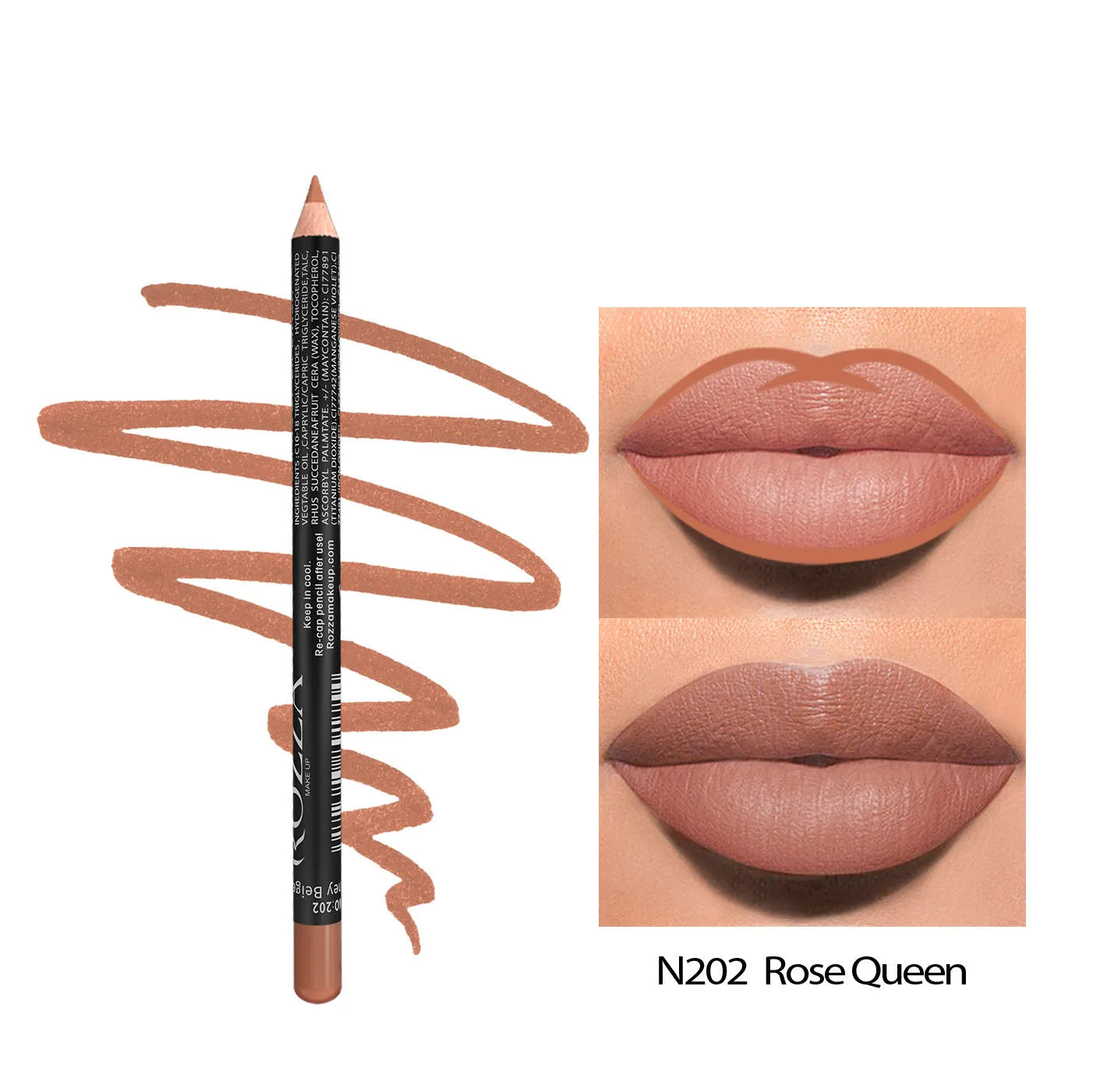 24-hour matte finish lip liner pencil in a range of wood tone shades on a white background.