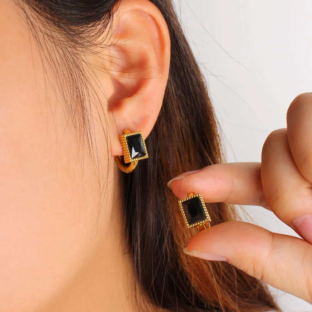 Geometric square zircon stainless steel earrings in white, black, or green colour options