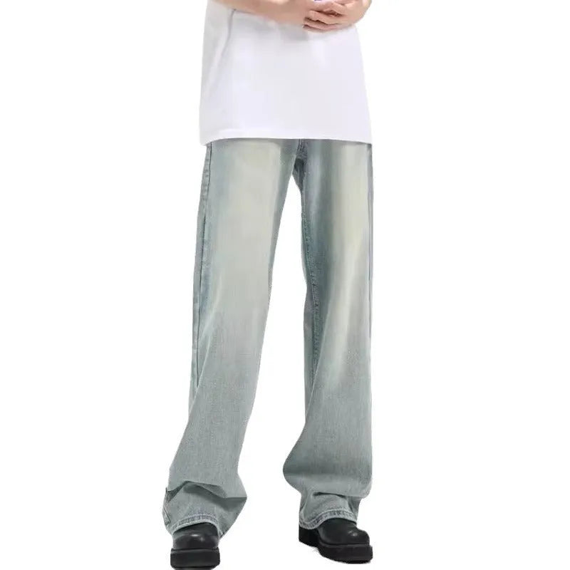 Blue loose-fit retro trousers with an elasticated waistband made from rabbit fur fabric.
