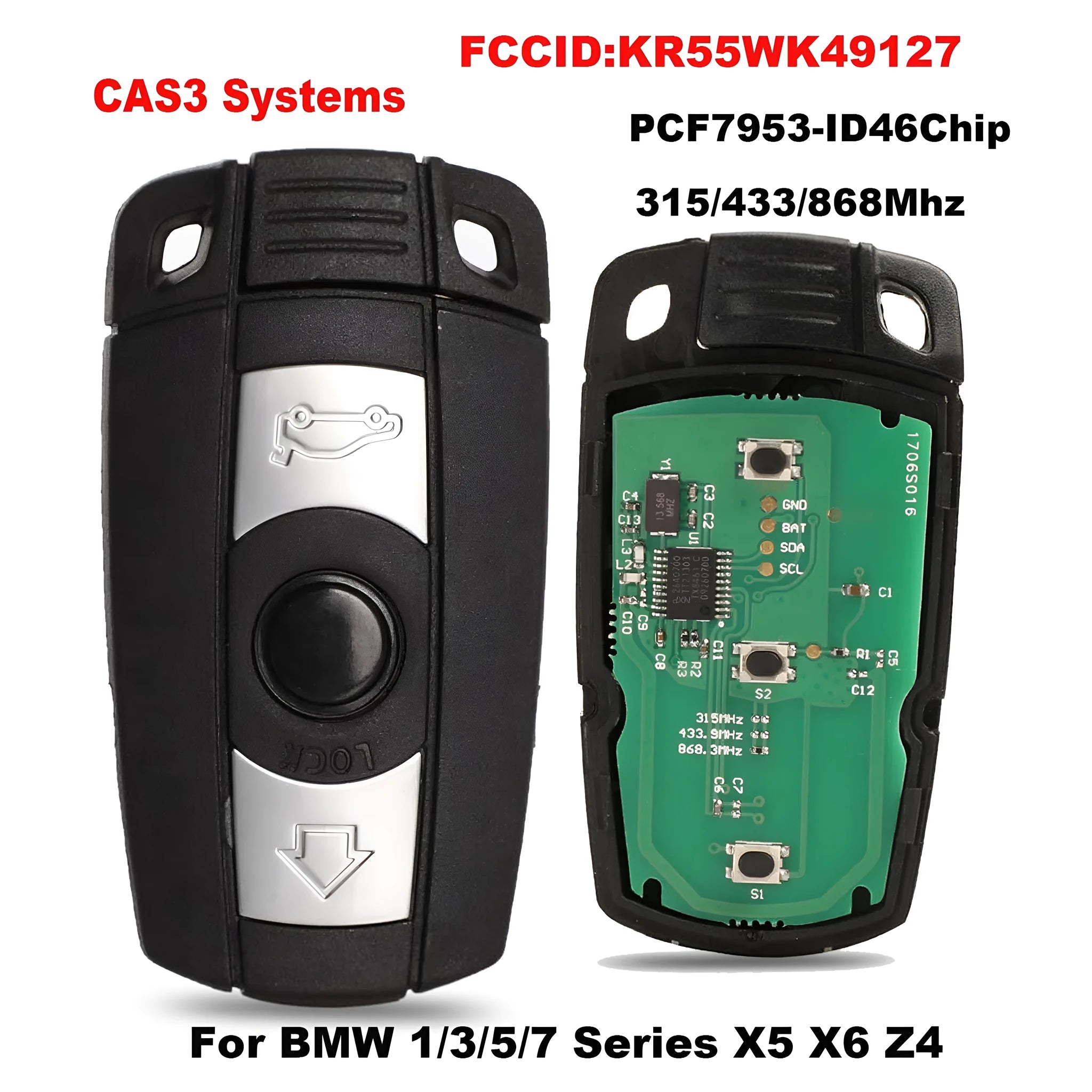 BMW CAS3 semi-intelligent car remote key fob blank in metal and plastic for 315Mhz, 433Mhz, 868Mhz frequencies