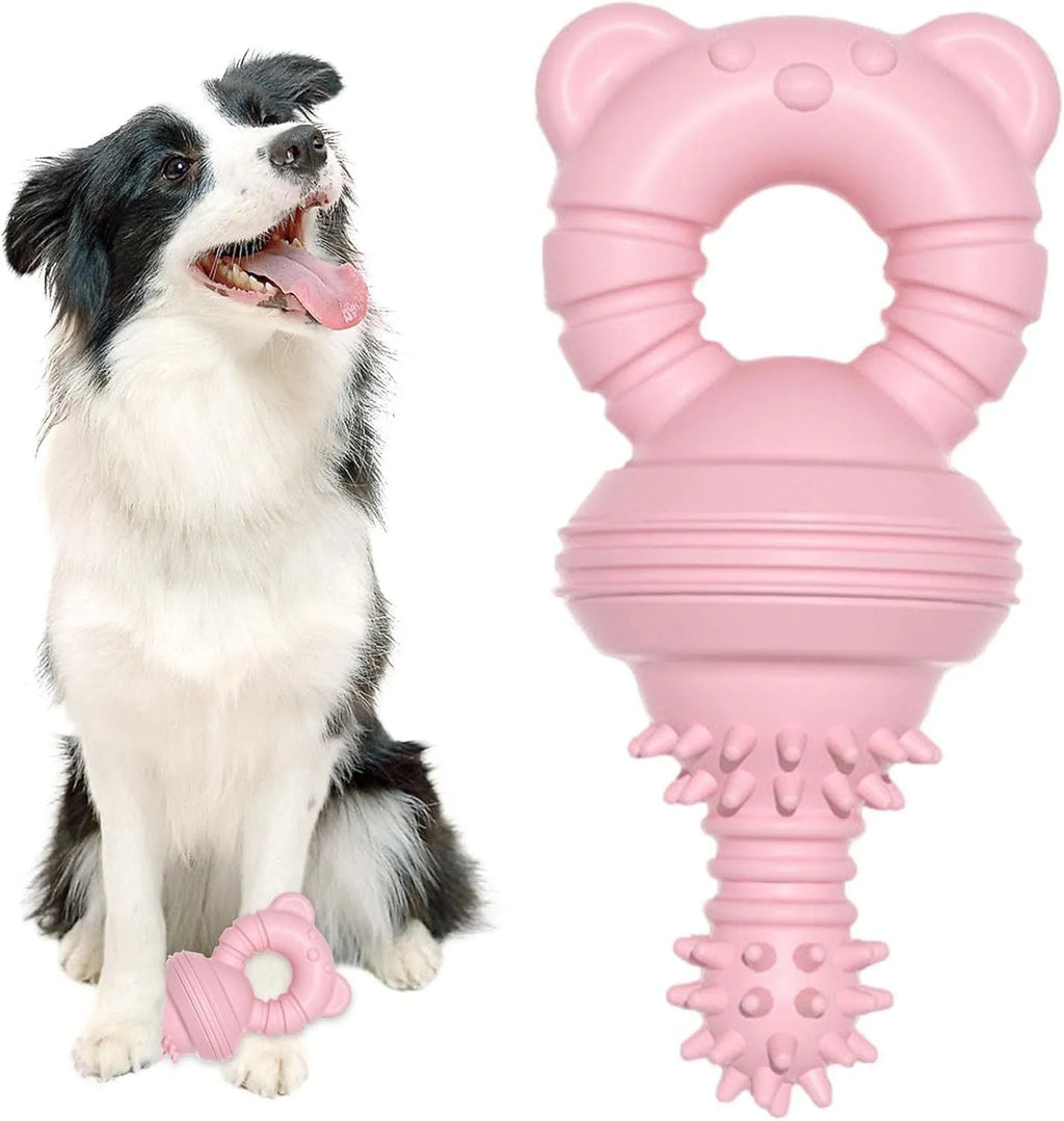 Blue rubber molar dog chew toy with textured surface and bell inside.