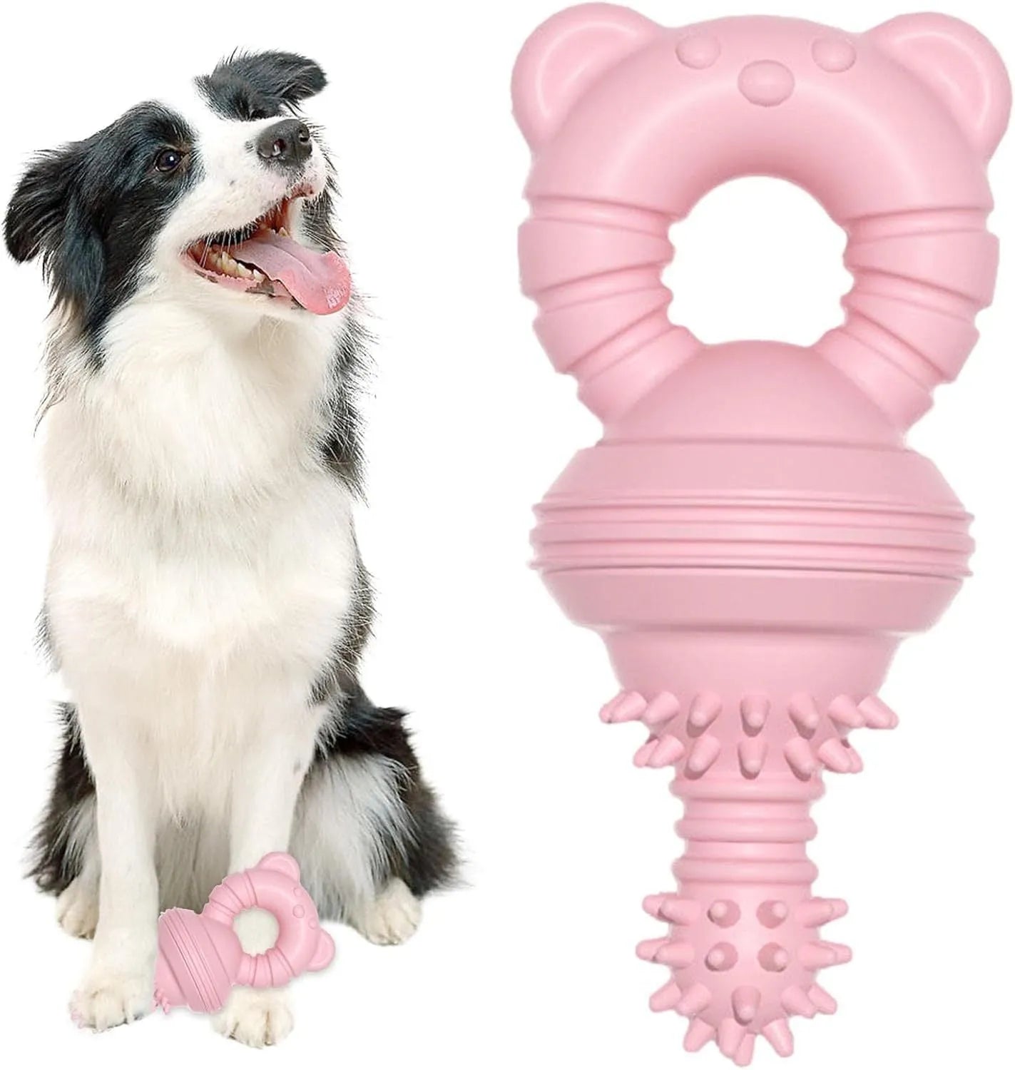 Blue rubber molar dog chew toy with textured surface and bell inside.