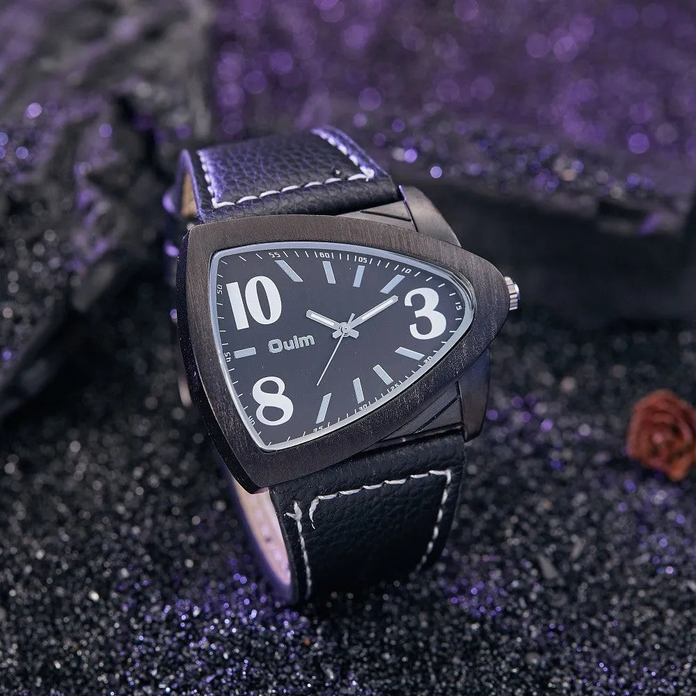 Men's casual watch with a triangular belt, slim case, on wrist showing brown, black, and blue colour variants.