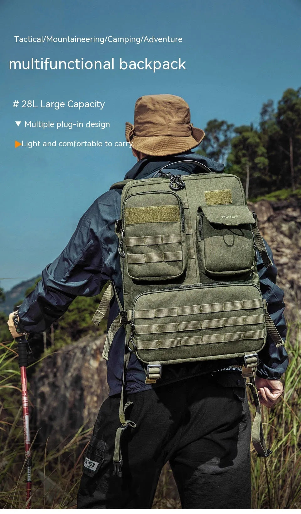 Army Green 17 inch tactical backpack with straps and compartments.