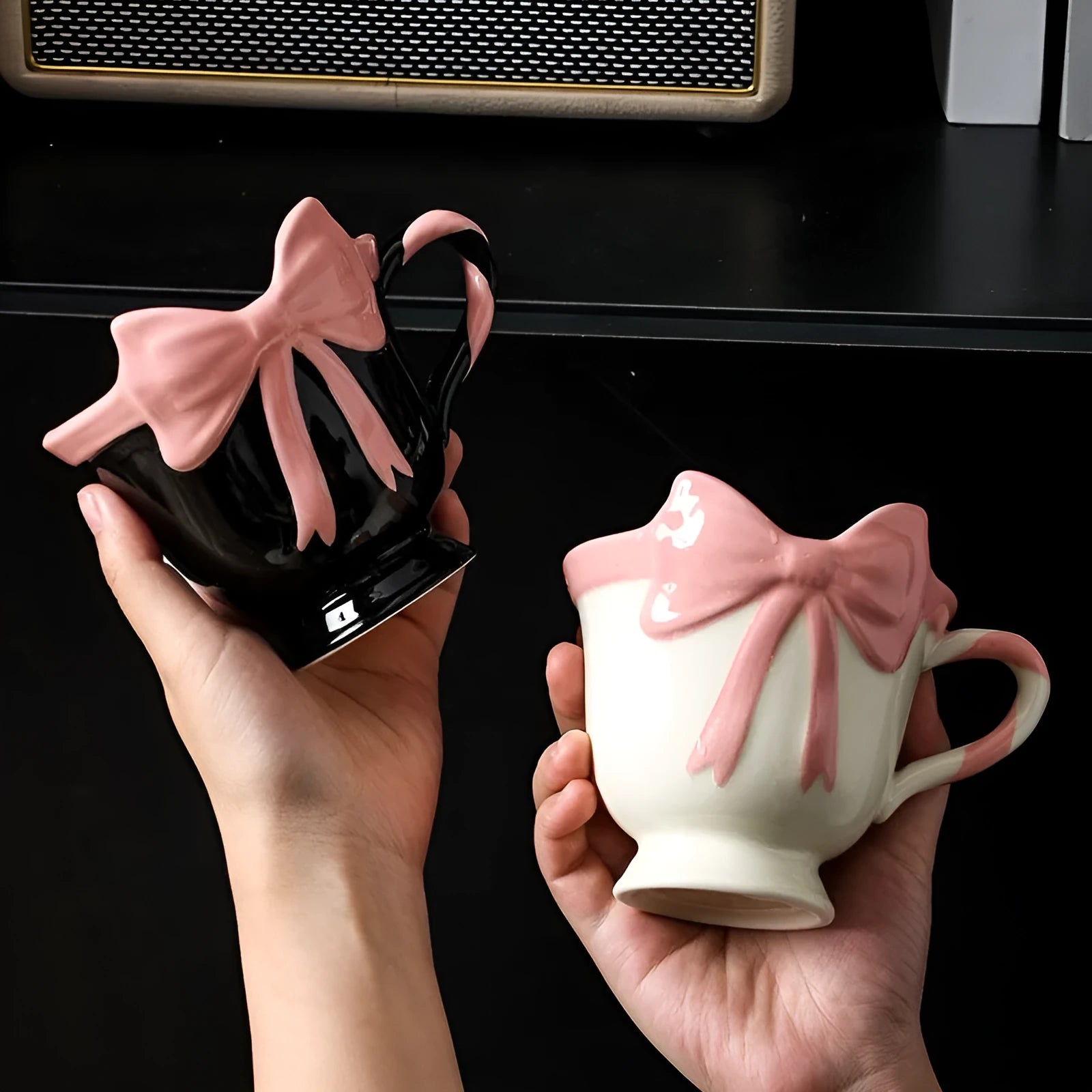 Ceramic heart bow mug with 301-400ml capacity in black pink or white powder colour