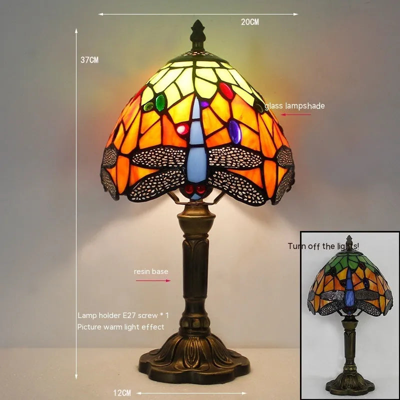 Stone table lamp with Tiffany-style dragonfly design in retro European style