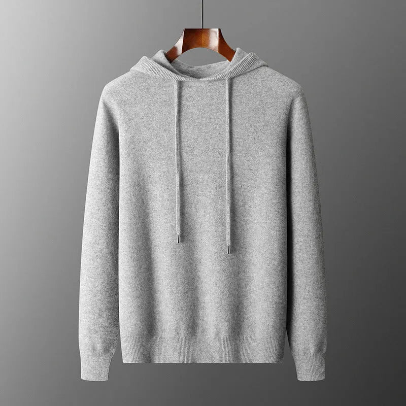 Men's light grey cashmere hoodie and trousers set for winter casual wear