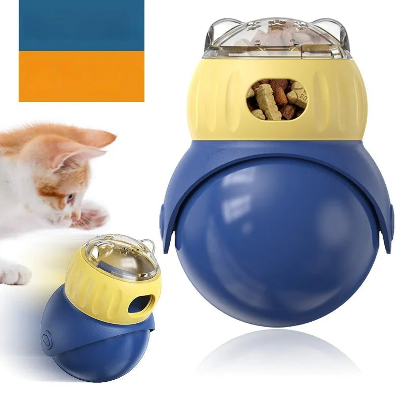 Owl-shaped plastic cat puzzle feeder in Morandi yellow and blue colours