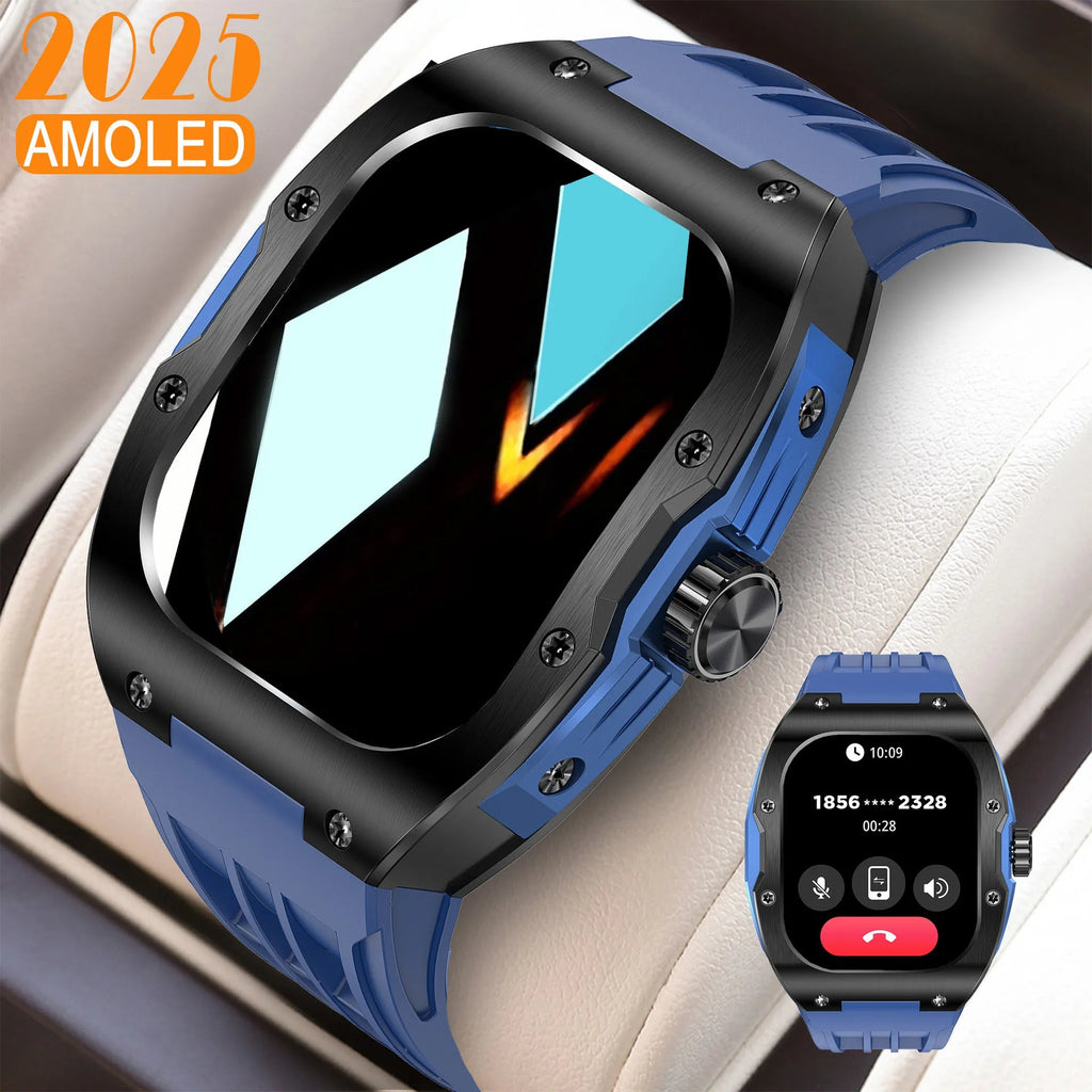 Men's black Bluetooth smart watch with AMOLED screen showing fitness data and call interface