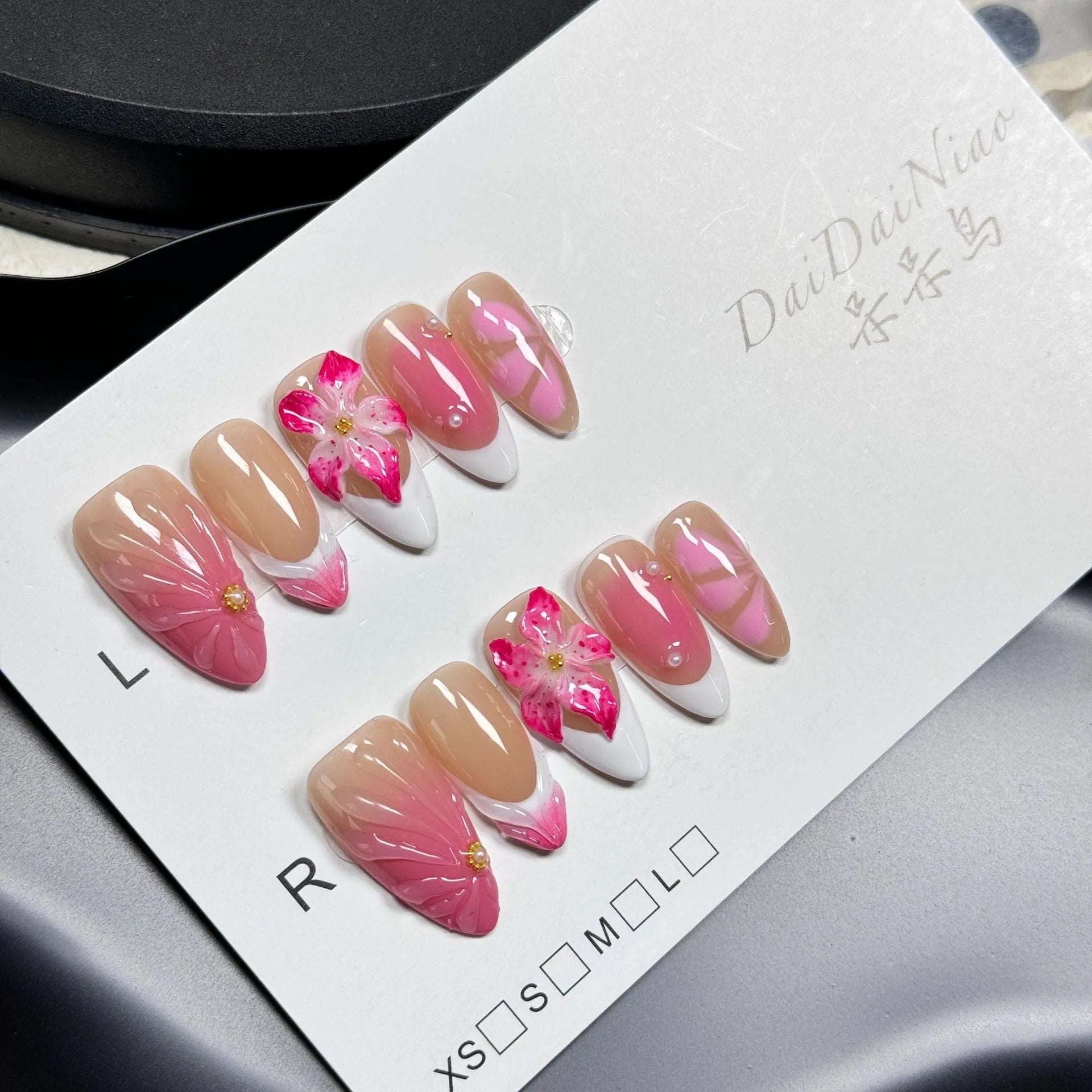 French style three-dimensional lily fluid ice flower artificial nails in almond shape with plastic construction