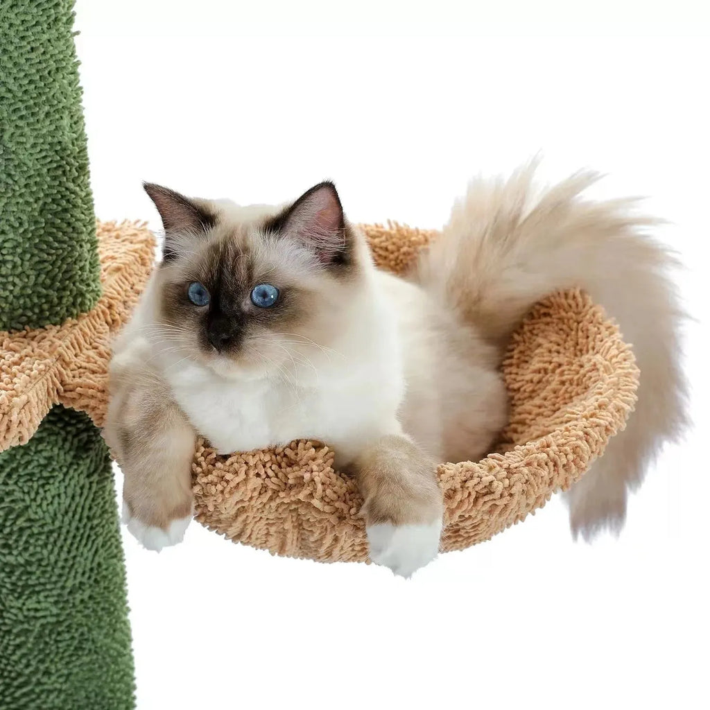 Tall, multi-level cat climbing frame with integrated scratch board and a cactus-shaped cat nest