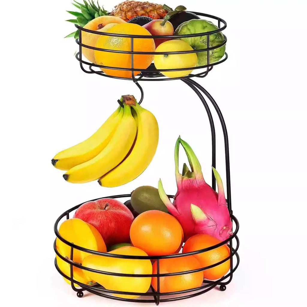 Black and gold double-layer wrought iron fruit and vegetable storage basket