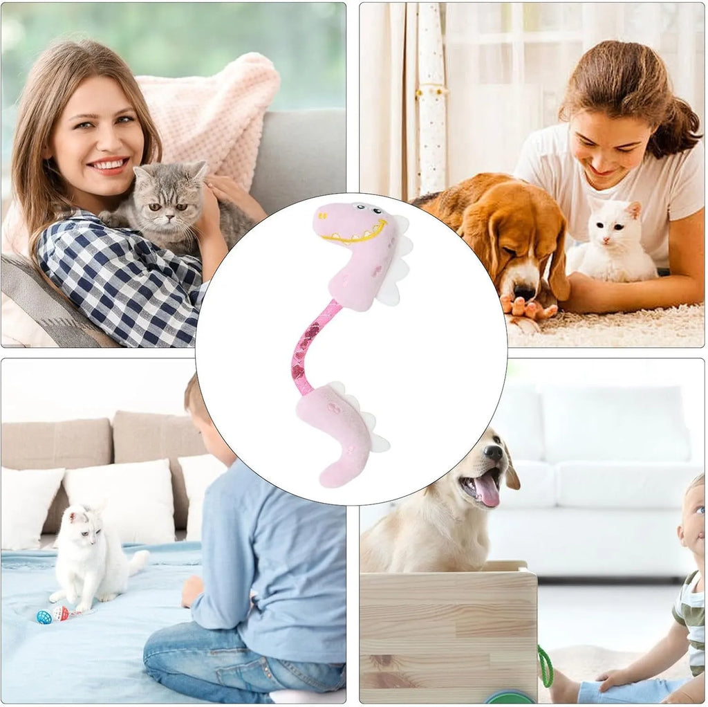 Bundle of four cat toys including chew toys, rope toys, springs and kicker toys in pink, purple and yellow colours