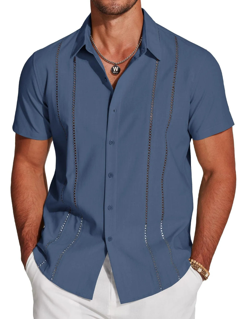 Men's slim fit short sleeve Hawaiian shirt with digital print pattern in stretch polyester fabric.