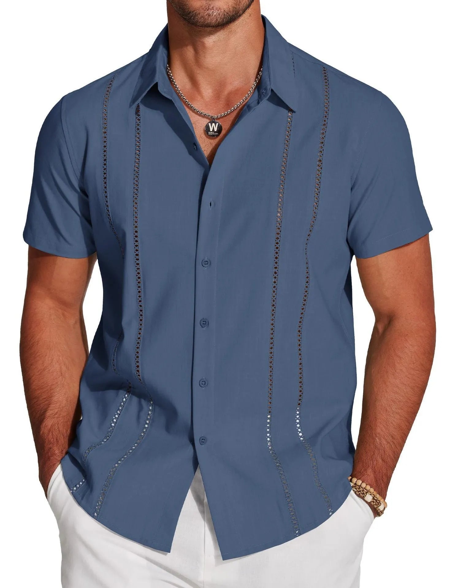 Men's slim fit short sleeve Hawaiian shirt with digital print pattern in stretch polyester fabric.