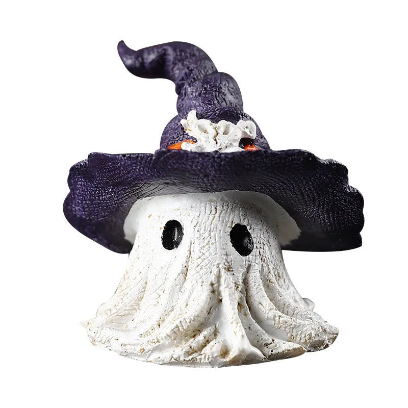 Resin wizard hat ghost ornament in black or purple for holiday decoration.