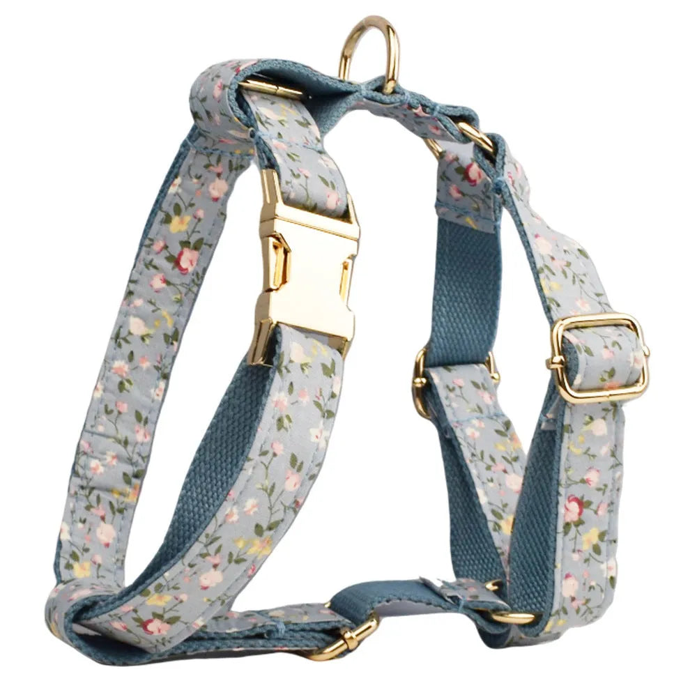 Blue floral patterned polyester cotton dog collar with adjustable fastener and coordinating accessories