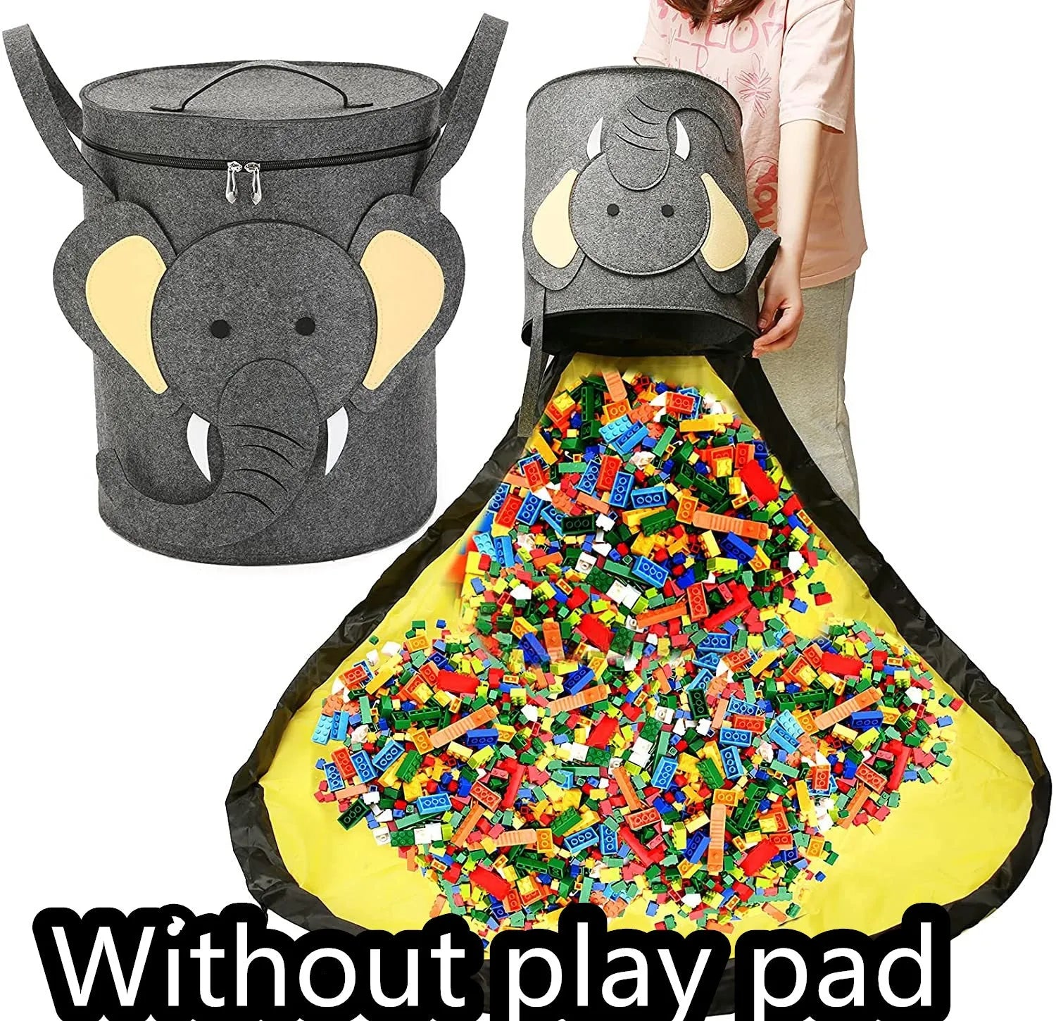 Green felt cube storage bag with pull rope serving as toy organiser and play mat