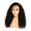 Curly human hair lace front wig shown in a long length, demonstrating its realistic texture and hairline.