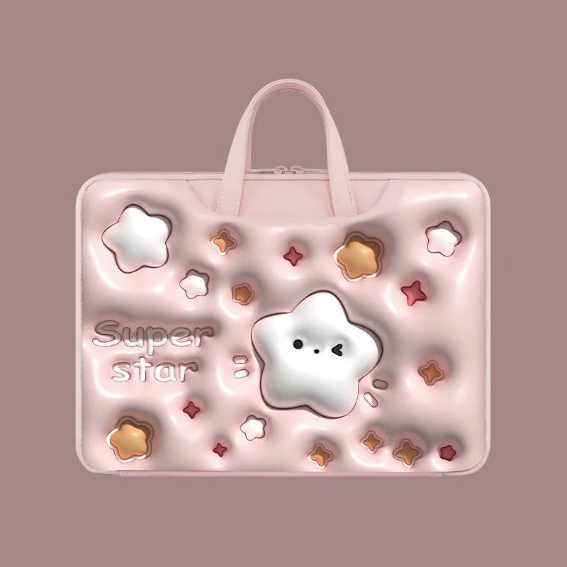 Inflatable PU leather laptop bag with suitcase hanger in cute panda print for a 15.6-inch device.