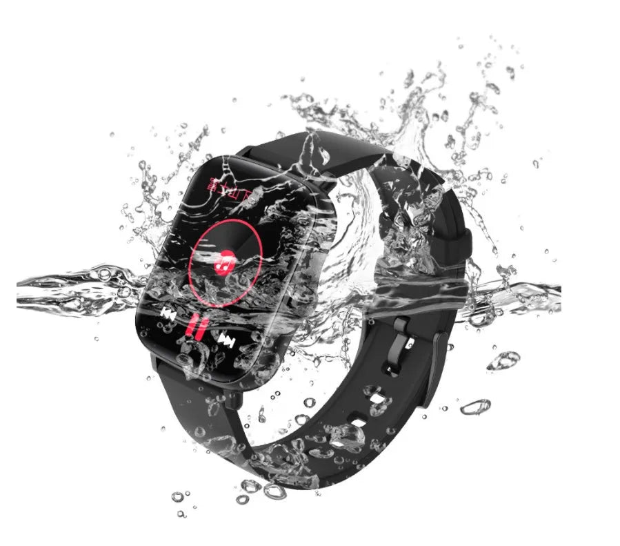 Smart watch with blue strap and 1.7-inch colour touch screen showing fitness stats