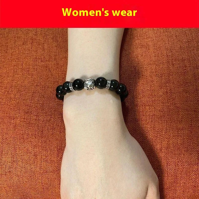 Silver 999 natural obsidian bracelet with Jucai NAFU lucky colour eye design in simple unisex style