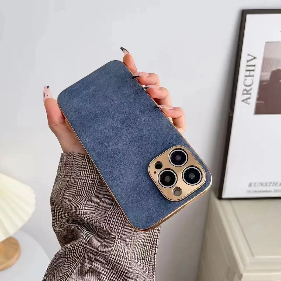 Leather texture phone case for iPhone shown in black, blue, grey, and grey-green colours.