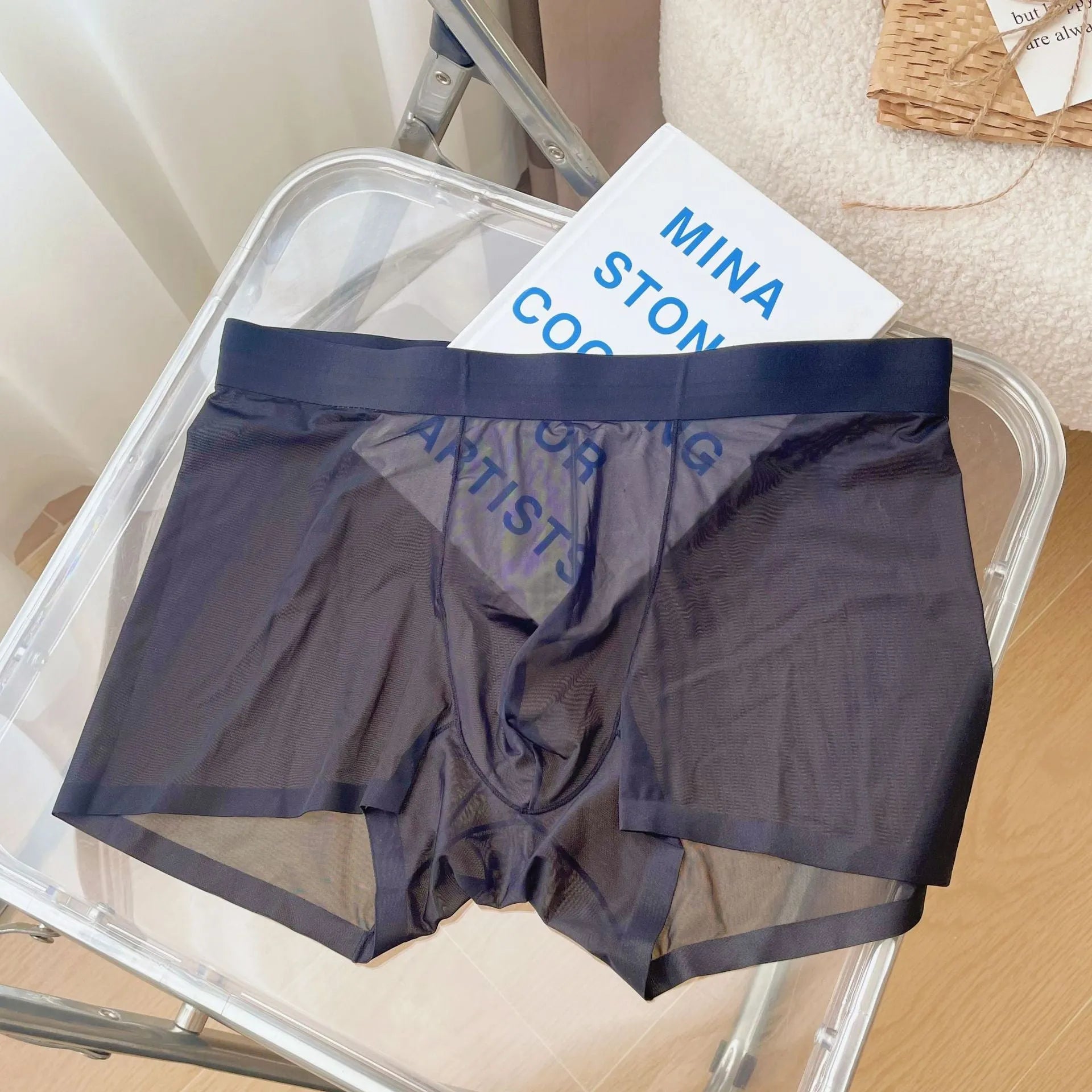 Men's seamless quick-drying nylon boxer shorts in light brown colour showing mid waist and body shaping fit.