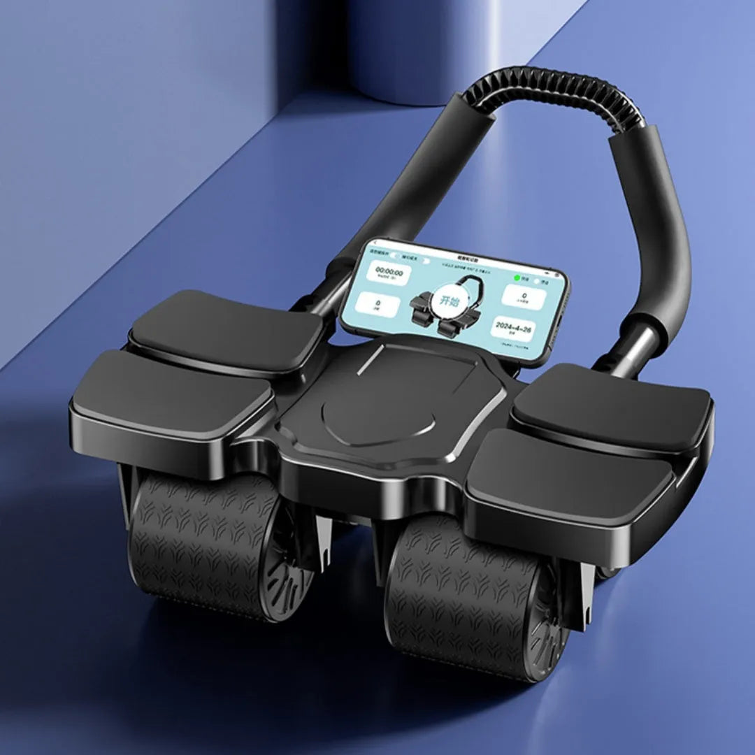 Black abdominal wheel with four wheels and automatic rebound mechanism on a floor.