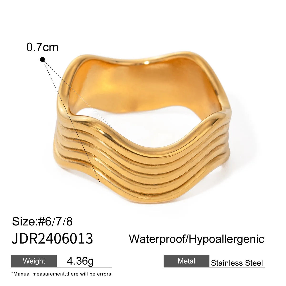 Stainless steel women's ring with geometric wide wave design and electroplated finish.