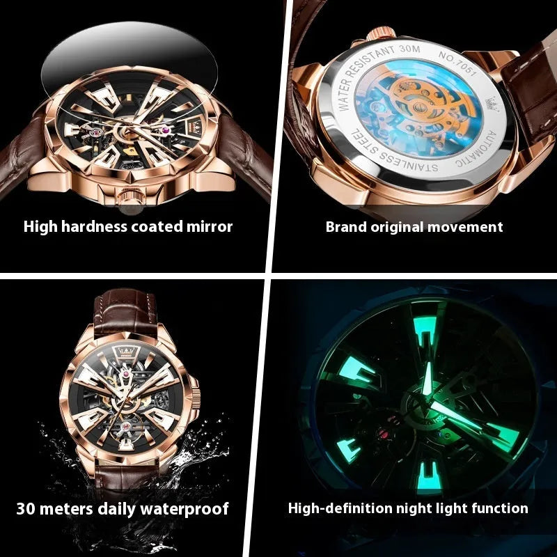 Men's automatic mechanical watch with 44mm barrel dial and transparent case back showing movement