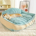 Morandi coloured removable dog mat cat bed in a doghouse shape on a sofa, shown in M and L sizes.