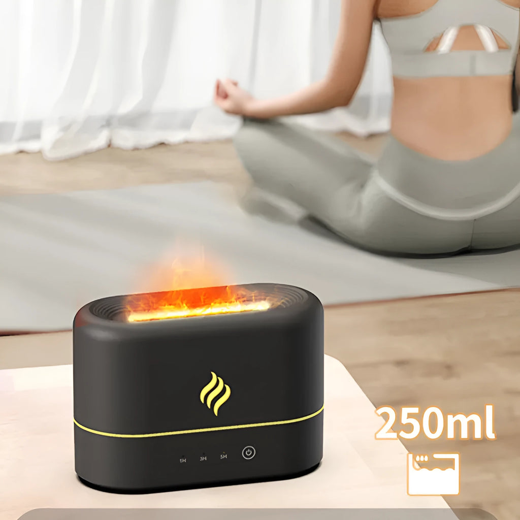 USB-powered aromatherapy humidifier with seven-colour flame LED effect in black or white