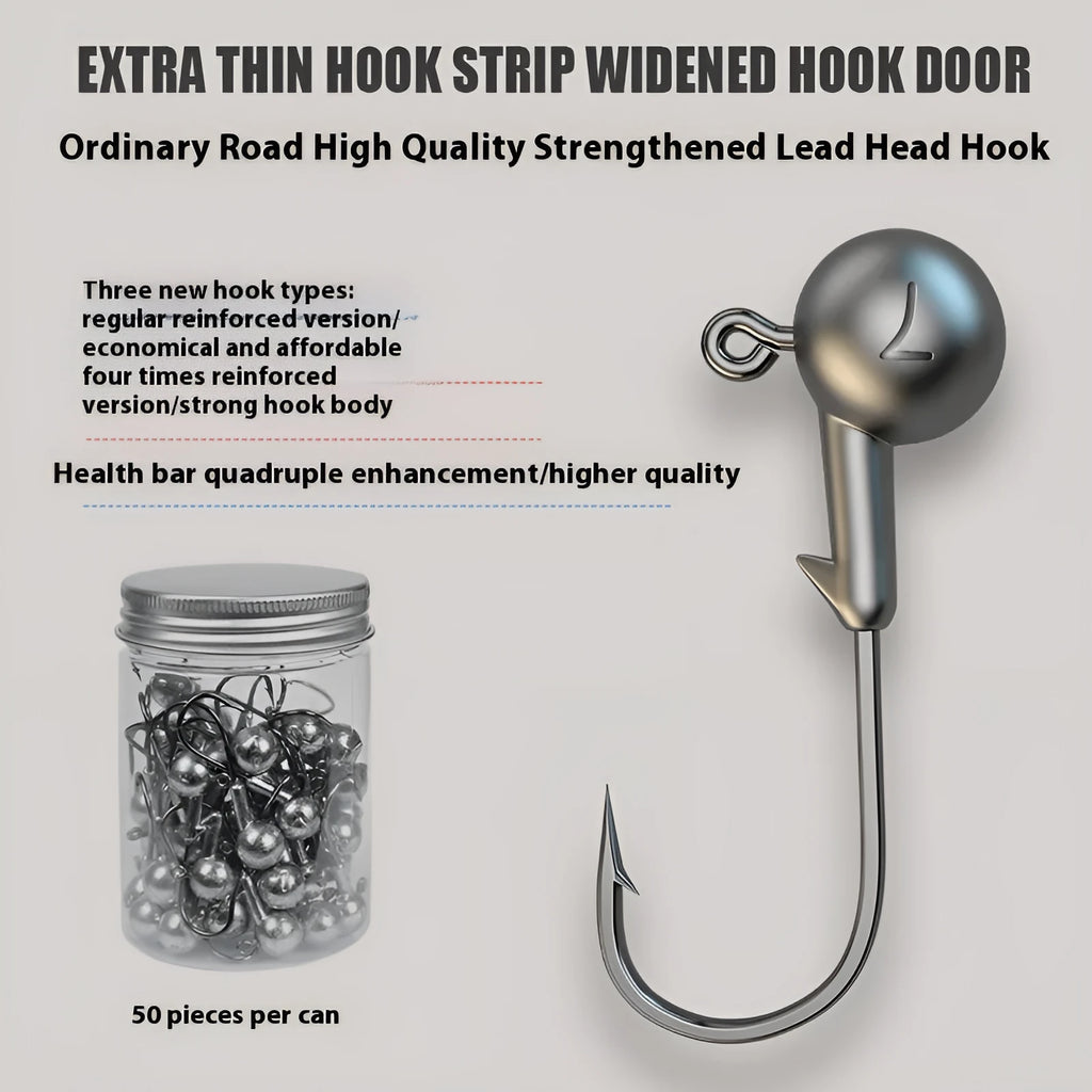 Set of 50 jig fishing hooks with strengthened construction and lead-headed designs in primary colours