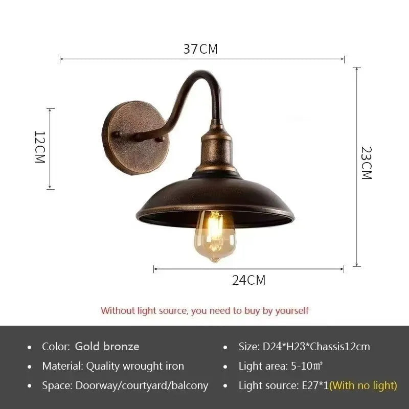 Retro-style metal courtyard wall lamp shown in silver and copper finishes with right-angle and bevel-angle bracket options.