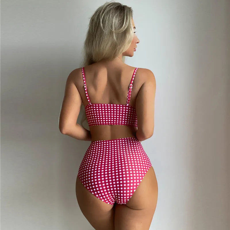 Women's plaid high-waisted bikini swimsuit in multiple colours with separate top and bottom pieces